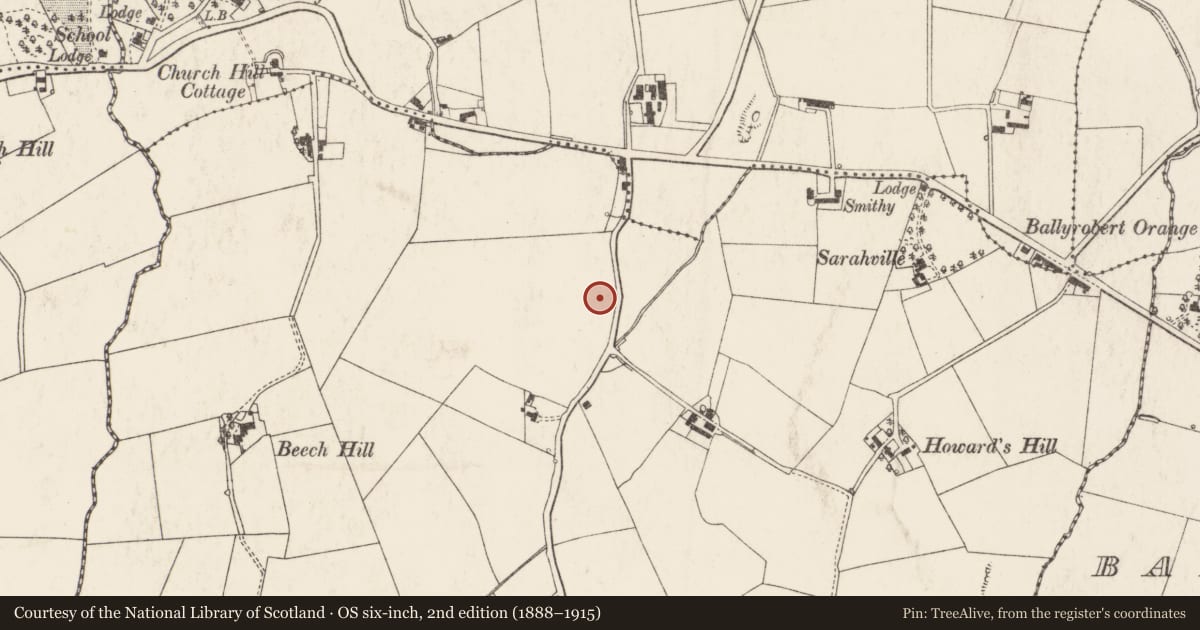 Ordnance Survey six-inch map, 2nd edition (1888–1915) covering the location of 74 Ballymoney Road, Ards and North Down, with a pin at the register's coordinates