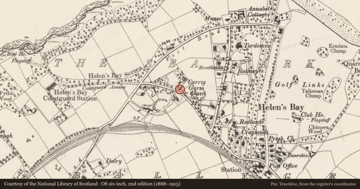 Ordnance Survey six-inch map, 2nd edition (1888–1915) covering the location of Carrig Gorm, Ballygrot, Ards and North Down, with a pin at the register's coordinates