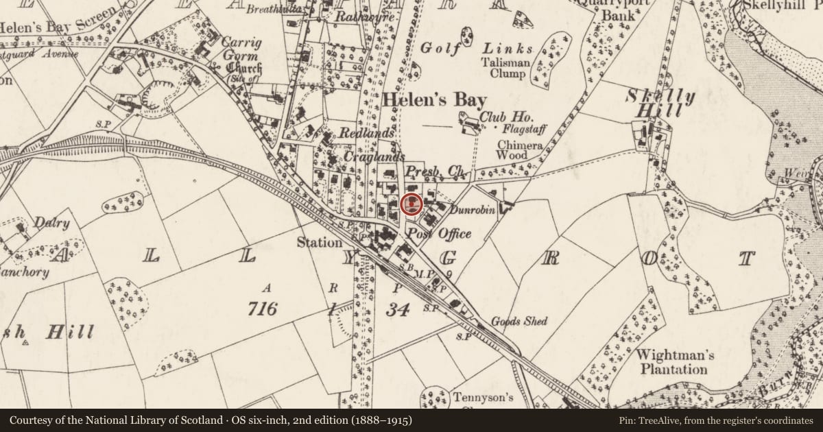 Ordnance Survey six-inch map, 2nd edition (1888–1915) covering the location of Innisfail, Ballygrot, Ards and North Down, with a pin at the register's coordinates