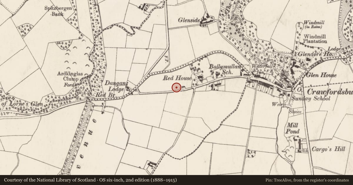 Ordnance Survey six-inch map, 2nd edition (1888–1915) covering the location of 25 Ballymullan Road, Ballygilbert, Ards and North Down, with a pin at the register's coordinates