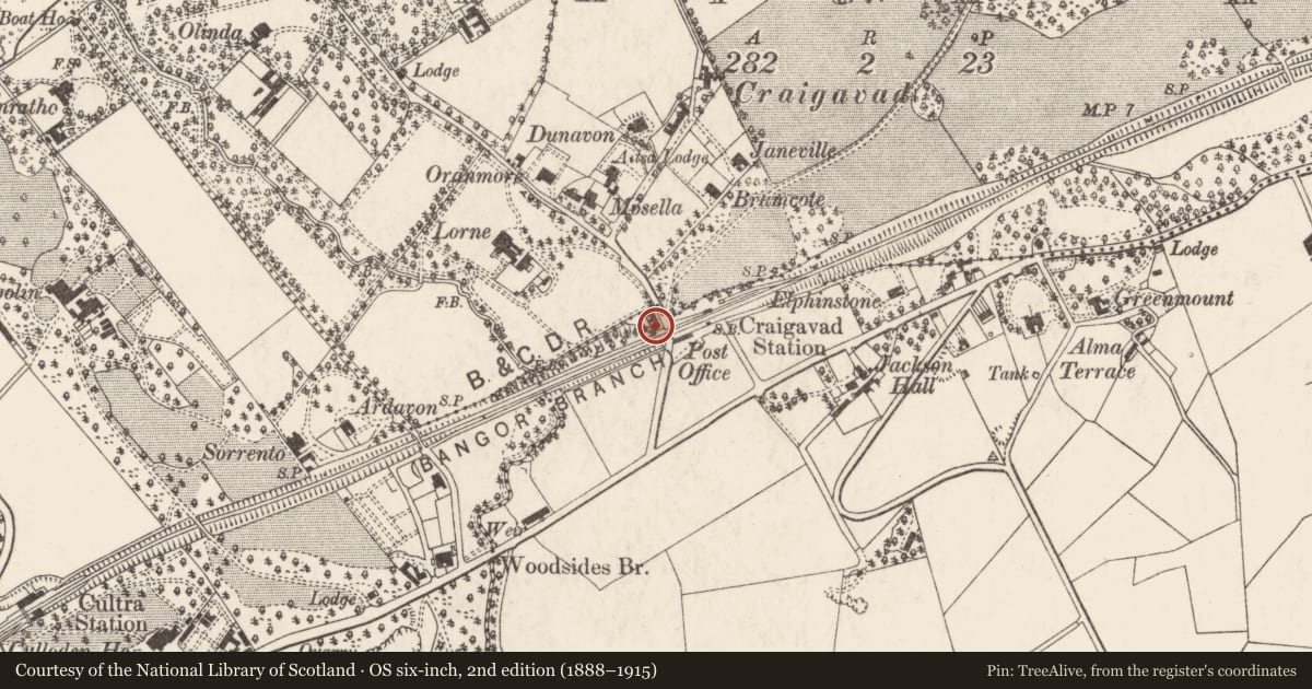 Ordnance Survey six-inch map, 2nd edition (1888–1915) covering the location of 2 Lorne Cottages, Ballygrainey, Ards and North Down, with a pin at the register's coordinates