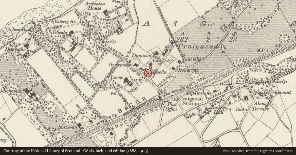 Ordnance Survey six-inch map, 2nd edition (1888–1915) covering the location of Mosella, Craigavad, Ards and North Down, with a pin at the register's coordinates
