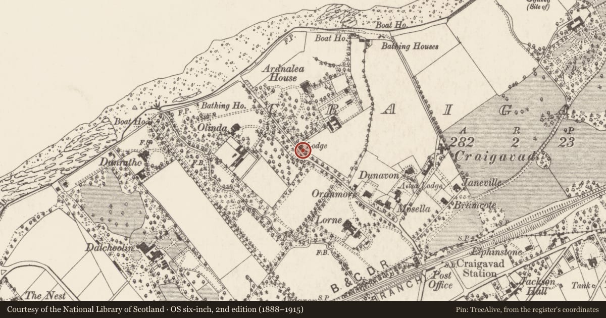 Ordnance Survey six-inch map, 2nd edition (1888–1915) covering the location of 55 Station Road, Ards and North Down, with a pin at the register's coordinates