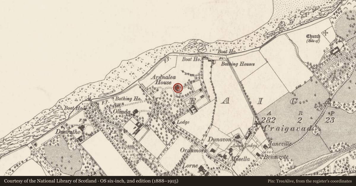 Ordnance Survey six-inch map, 2nd edition (1888–1915) covering the location of Ardnalea House, Craigavad, Ards and North Down, with a pin at the register's coordinates