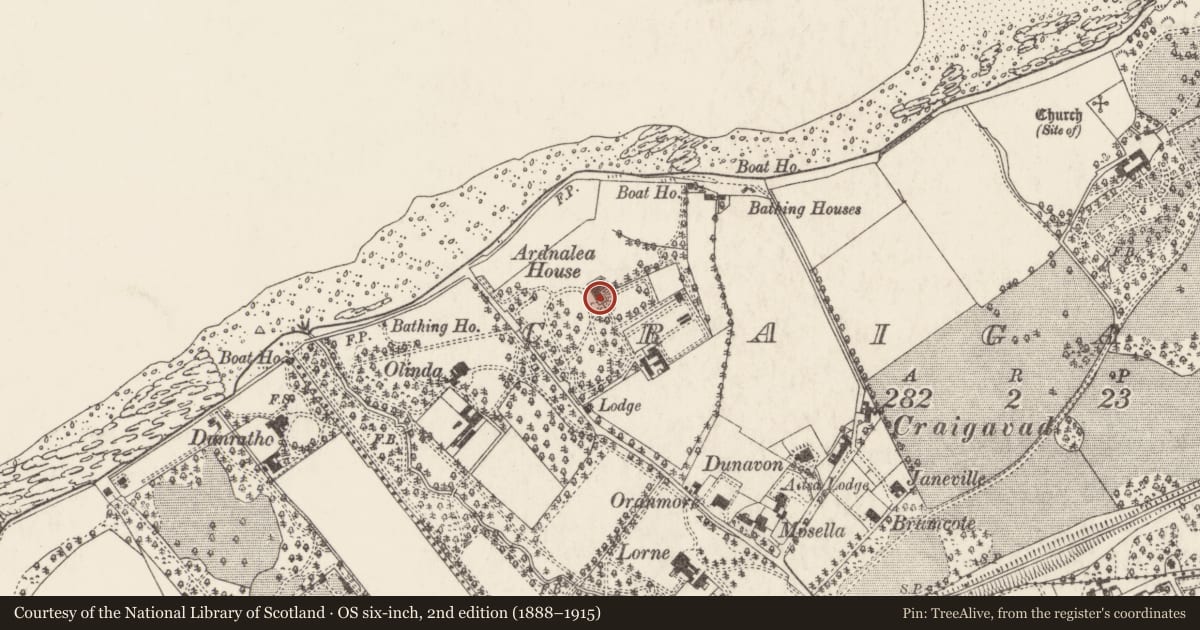 Ordnance Survey six-inch map, 2nd edition (1888–1915) covering the location of Ardnalea House, Craigavad, Ards and North Down, with a pin at the register's coordinates