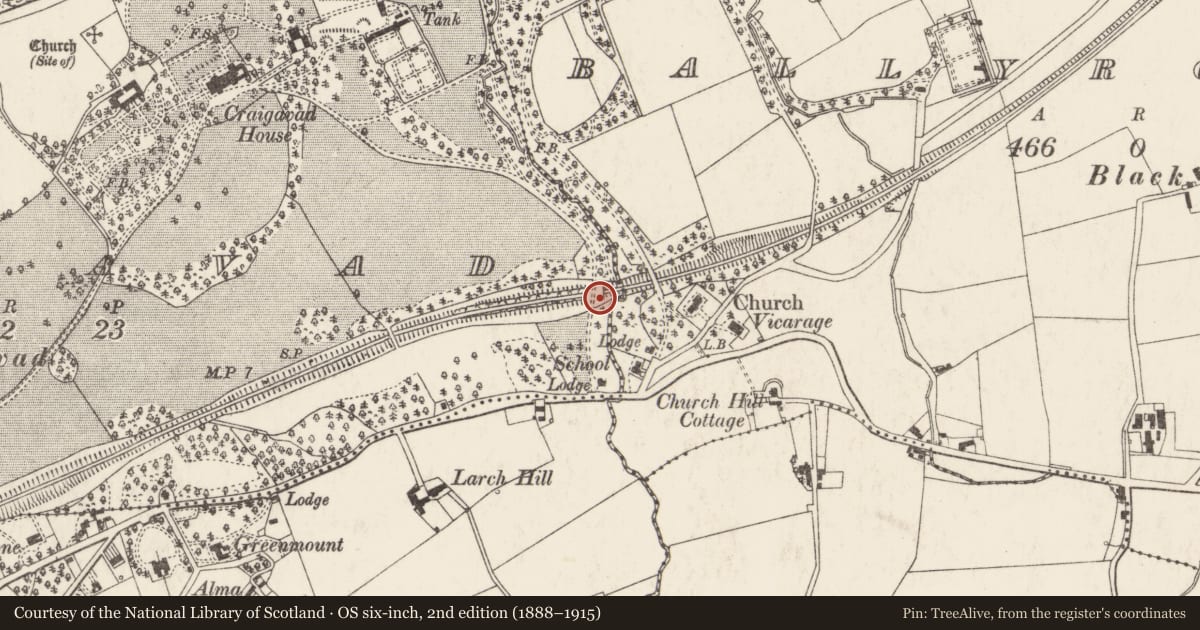 Ordnance Survey six-inch map, 2nd edition (1888–1915) covering the location of Craigowen Bridge Over Railway, Ards and North Down, with a pin at the register's coordinates
