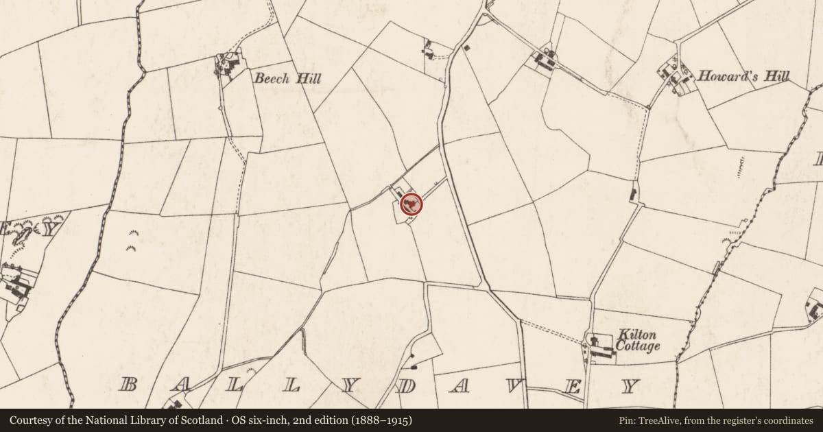 Ordnance Survey six-inch map, 2nd edition (1888–1915) covering the location of 60 Ballymoney Road, Ards and North Down, with a pin at the register's coordinates