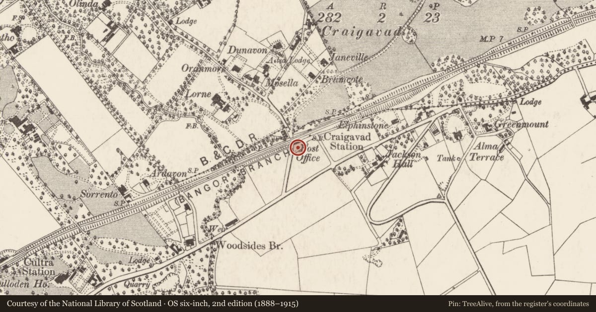 Ordnance Survey six-inch map, 2nd edition (1888–1915) covering the location of 7 Old Station Road, Ards and North Down, with a pin at the register's coordinates