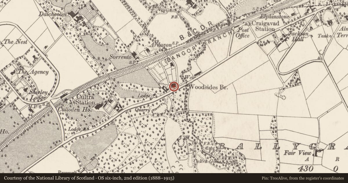 Ordnance Survey six-inch map, 2nd edition (1888–1915) covering the location of 2 & 4 Glen Road, Ballycultra, Ards and North Down, with a pin at the register's coordinates