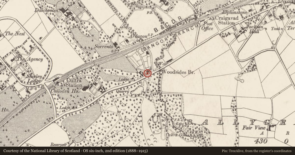 Ordnance Survey six-inch map, 2nd edition (1888–1915) covering the location of 162 & 164 Bangor Road, Ballycultra, Ards and North Down, with a pin at the register's coordinates