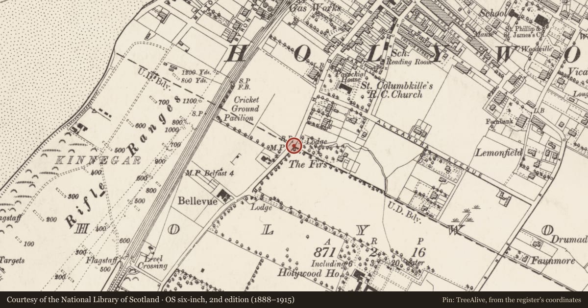 Ordnance Survey six-inch map, 2nd edition (1888–1915) covering the location of Boundary Post, Holywood, Ards and North Down, with a pin at the register's coordinates