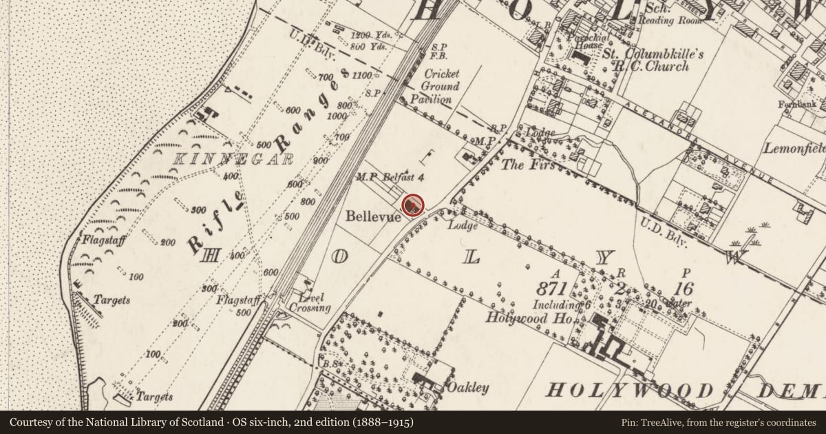 Ordnance Survey six-inch map, 2nd edition (1888–1915) covering the location of 35 Belfast Road, Holywood, Ards and North Down, with a pin at the register's coordinates