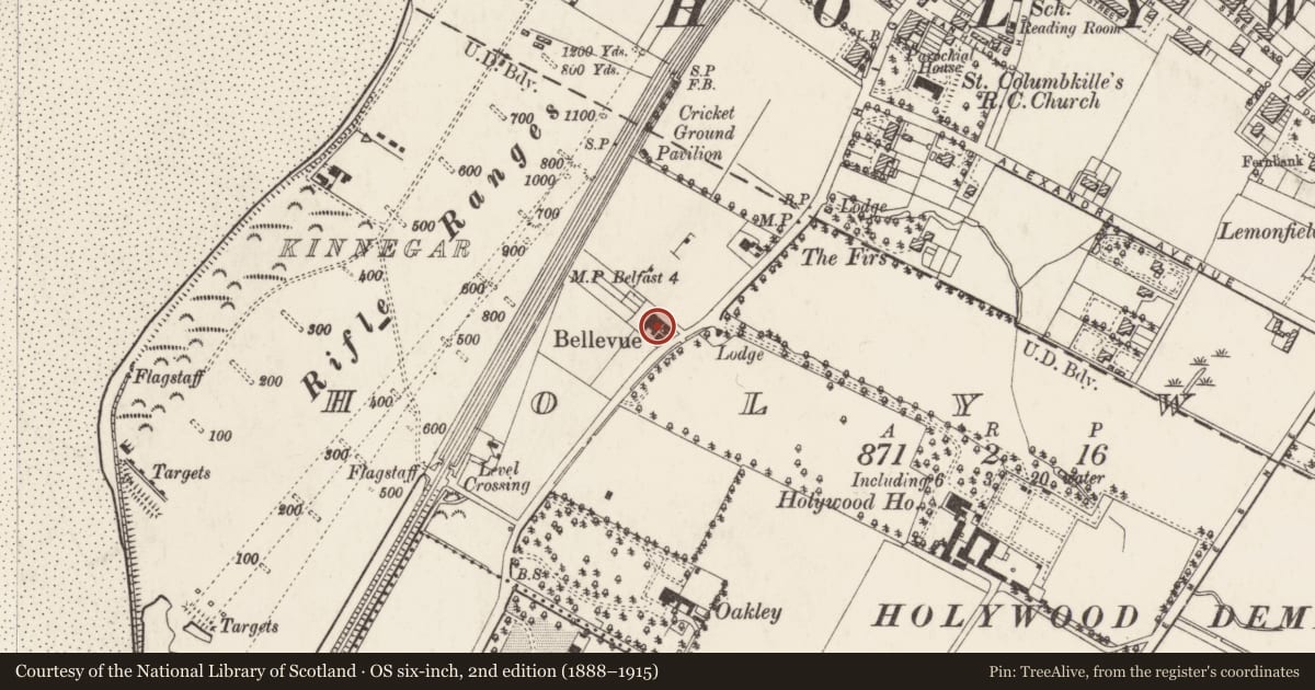 Ordnance Survey six-inch map, 2nd edition (1888–1915) covering the location of 37 Belfast Road, Holywood, Ards and North Down, with a pin at the register's coordinates
