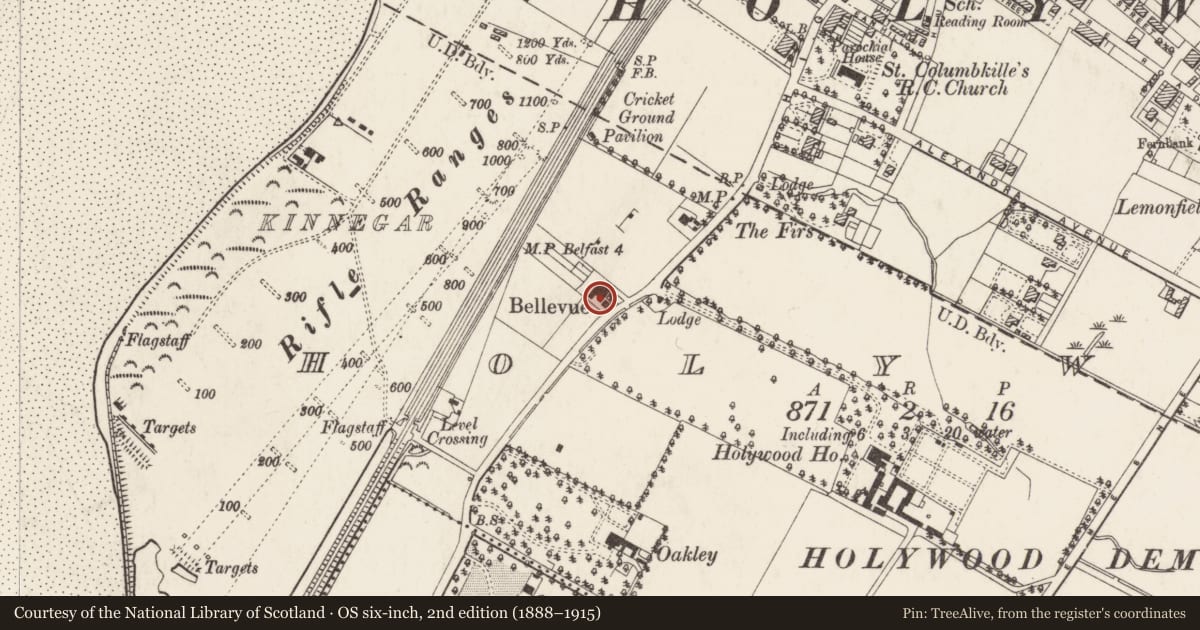 Ordnance Survey six-inch map, 2nd edition (1888–1915) covering the location of 39 Belfast Road, Holywood, Ards and North Down, with a pin at the register's coordinates