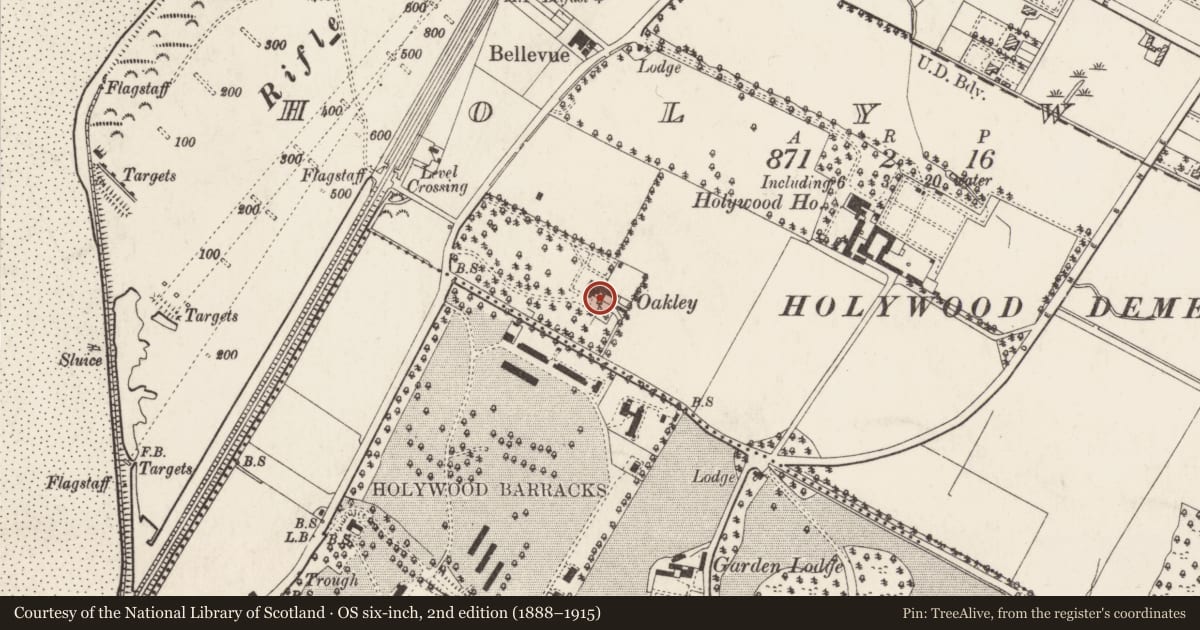 Ordnance Survey six-inch map, 2nd edition (1888–1915) covering the location of Oakley, Ards and North Down, with a pin at the register's coordinates