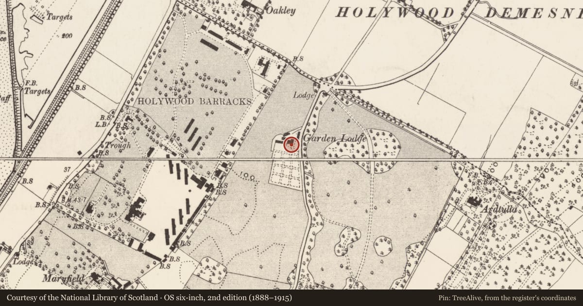 Ordnance Survey six-inch map, 2nd edition (1888–1915) covering the location of Garden Lodge Veterinary Practice, Knocknagoney, Ards and North Down, with a pin at the register's coordinates