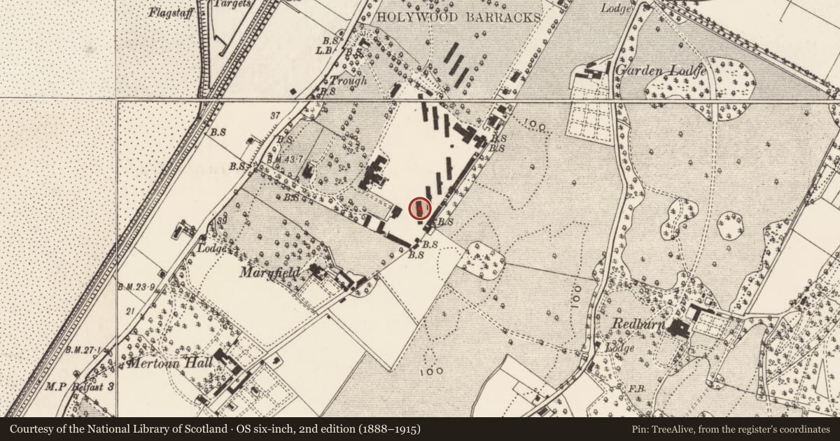 Ordnance Survey six-inch map, 2nd edition (1888–1915) covering the location of Barrack Blocks, Knocknagoney, Ards and North Down, with a pin at the register's coordinates