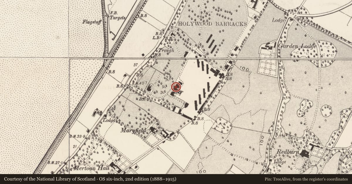 Ordnance Survey six-inch map, 2nd edition (1888–1915) covering the location of Officers Mess, Knocknagoney, Ards and North Down, with a pin at the register's coordinates