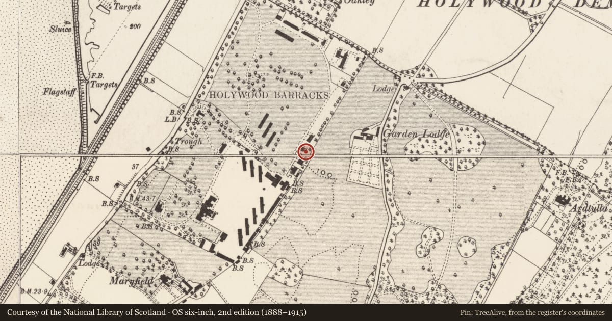 Ordnance Survey six-inch map, 2nd edition (1888–1915) covering the location of NOS Quarters, Knocknagoney, Ards and North Down, with a pin at the register's coordinates