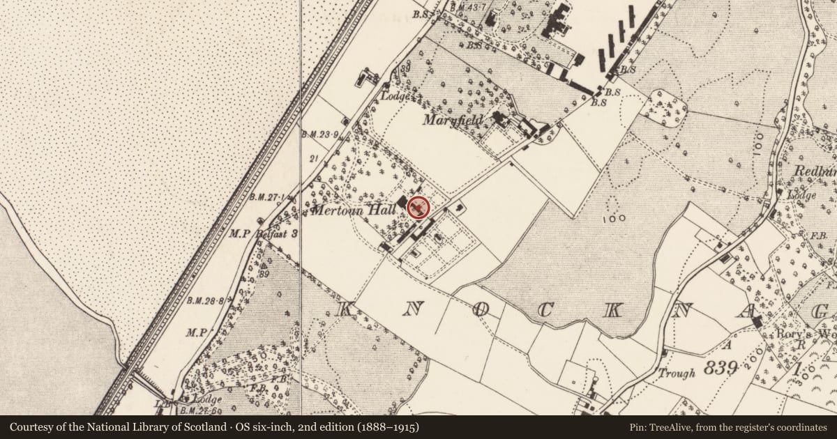 Ordnance Survey six-inch map, 2nd edition (1888–1915) covering the location of Mertoun Hall, Ards and North Down, with a pin at the register's coordinates