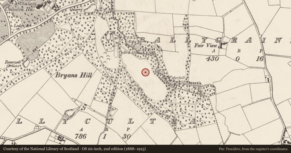 Ordnance Survey six-inch map, 2nd edition (1888–1915) covering the location of Cultra Manor, Ballycultra, Ards and North Down, with a pin at the register's coordinates