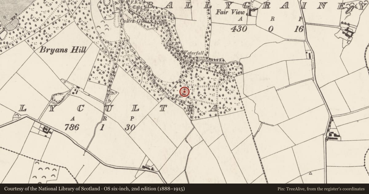 Ordnance Survey six-inch map, 2nd edition (1888–1915) covering the location of Corradrennan Farmhouse, Ards and North Down, with a pin at the register's coordinates