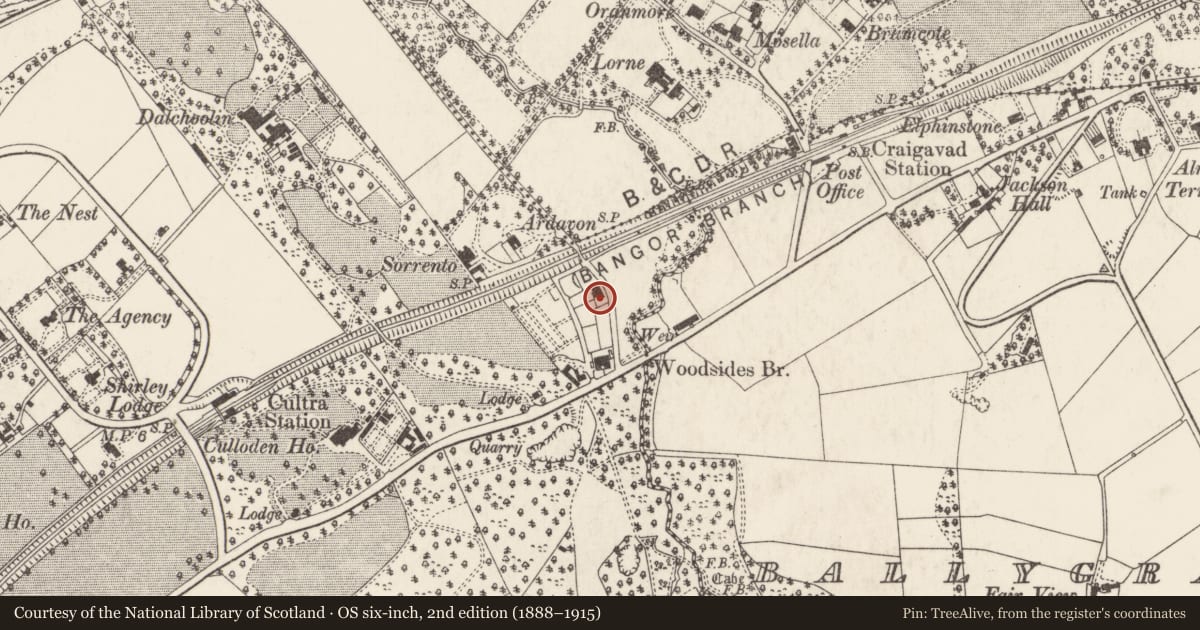 Ordnance Survey six-inch map, 2nd edition (1888–1915) covering the location of The Cottage, Ballycultra, Ards and North Down, with a pin at the register's coordinates