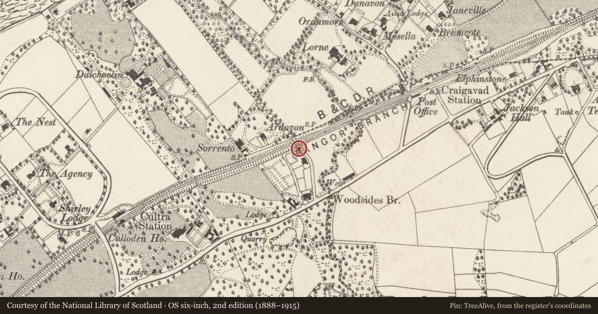 Ordnance Survey six-inch map, 2nd edition (1888–1915) covering the location of Bridge-over-railway, Ards and North Down, with a pin at the register's coordinates