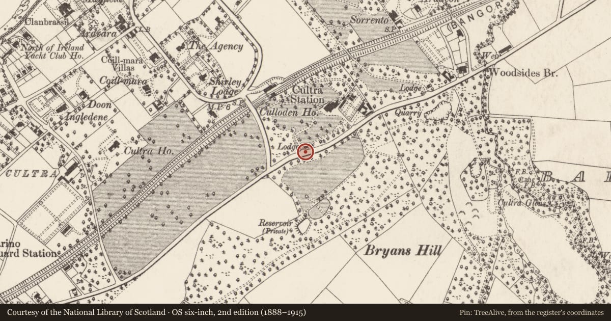 Ordnance Survey six-inch map, 2nd edition (1888–1915) covering the location of The Gate Lodge, Ballycultra, Ards and North Down, with a pin at the register's coordinates
