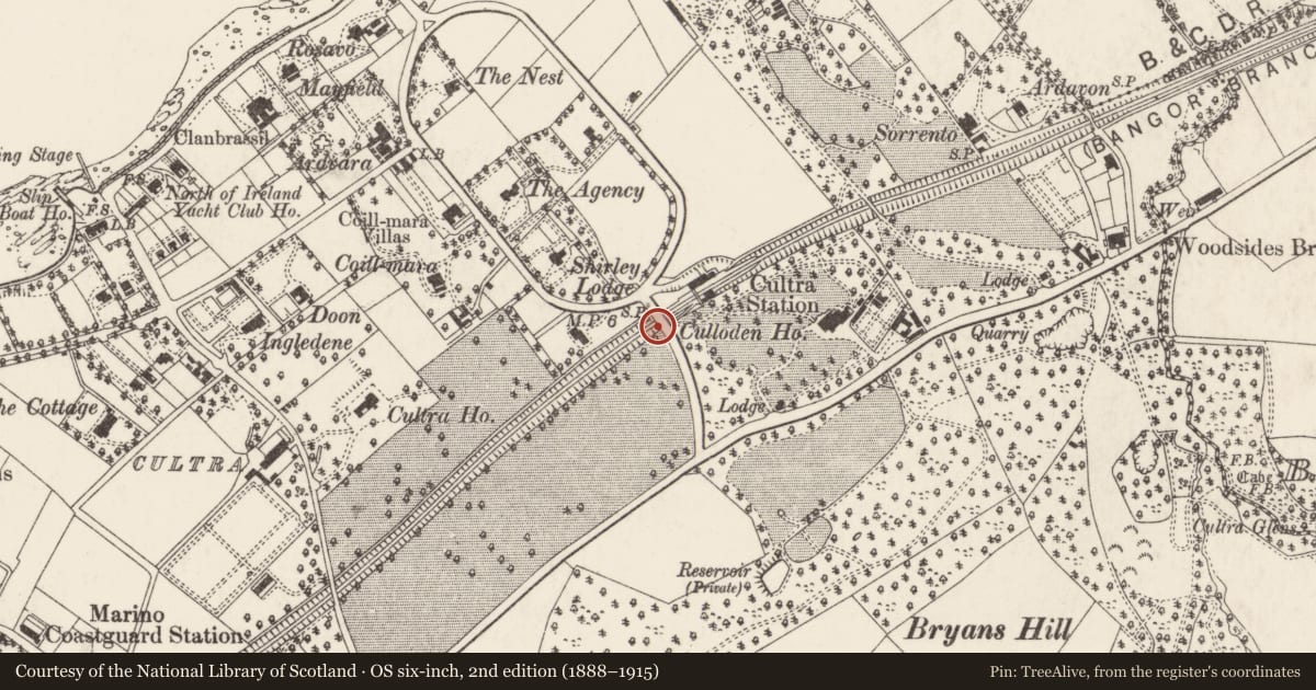 Ordnance Survey six-inch map, 2nd edition (1888–1915) covering the location of Cultra Station Bridge, Ards and North Down, with a pin at the register's coordinates