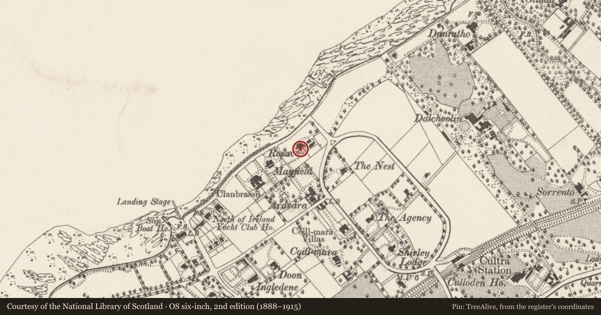Ordnance Survey six-inch map, 2nd edition (1888–1915) covering the location of Culdaff, Ards and North Down, with a pin at the register's coordinates