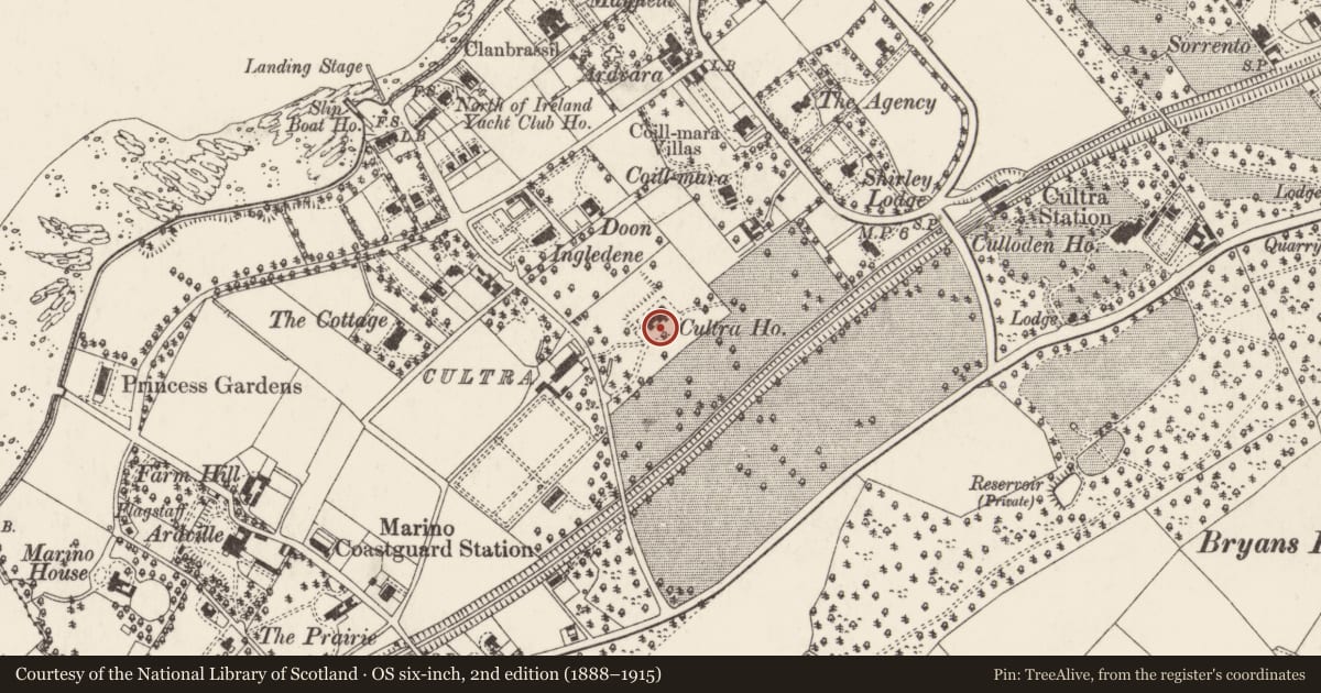 Ordnance Survey six-inch map, 2nd edition (1888–1915) covering the location of Cultra House, Ballycultra, Ards and North Down, with a pin at the register's coordinates
