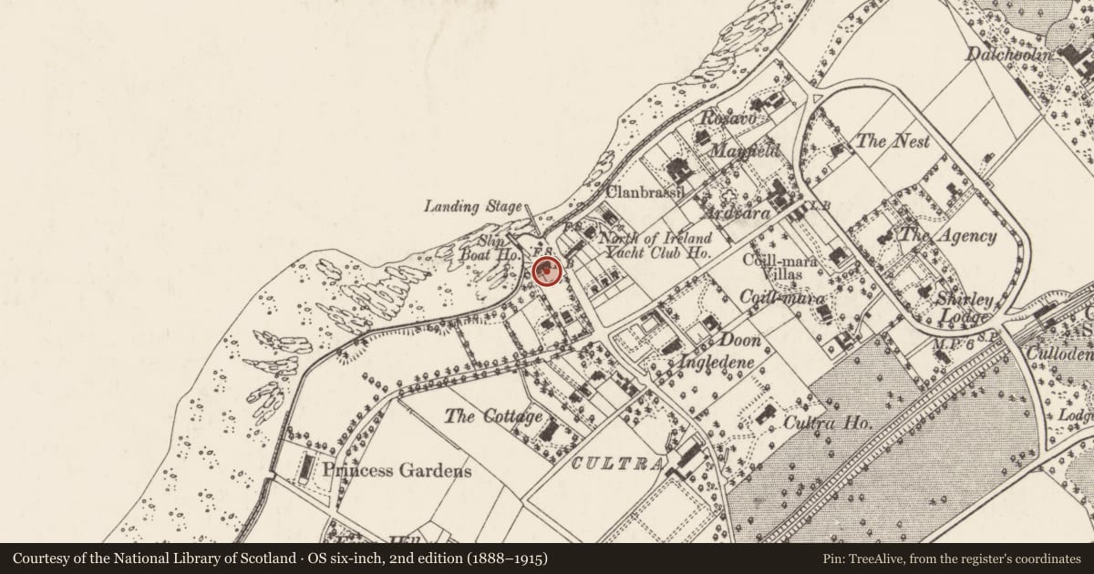 Ordnance Survey six-inch map, 2nd edition (1888–1915) covering the location of Moorings, Balladee & Pier House 1 - 5 Sea Front, Ards and North Down, with a pin at the register's coordinates