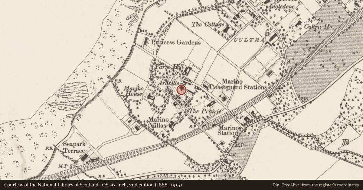 Ordnance Survey six-inch map, 2nd edition (1888–1915) covering the location of Ardreagh, Ballycultra, Ards and North Down, with a pin at the register's coordinates