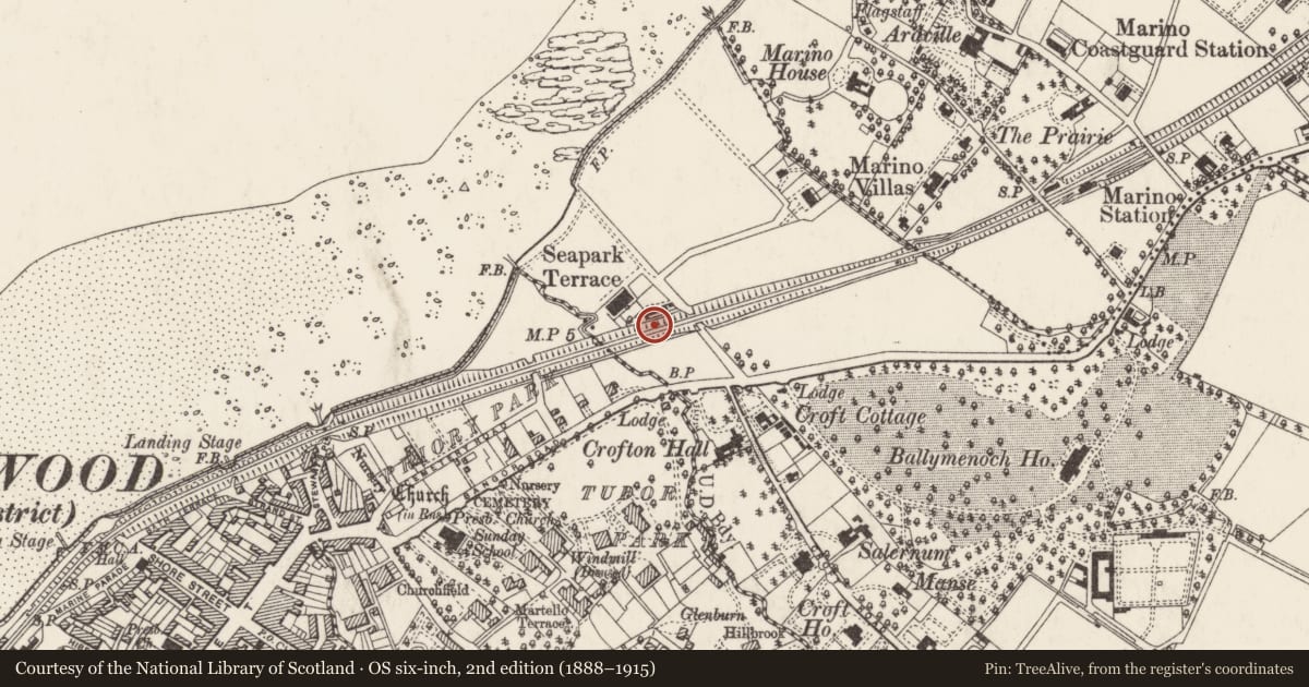Ordnance Survey six-inch map, 2nd edition (1888–1915) covering the location of Seapark, Ards and North Down, with a pin at the register's coordinates