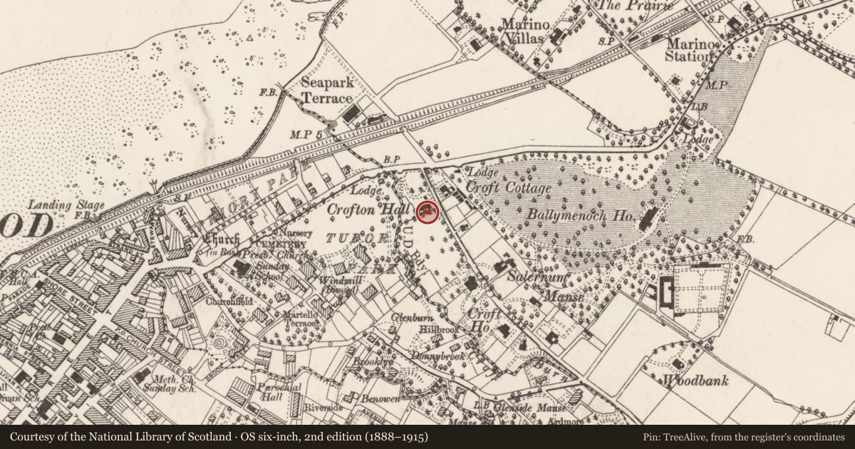 Ordnance Survey six-inch map, 2nd edition (1888–1915) covering the location of Crofton Cottage, Ards and North Down, with a pin at the register's coordinates