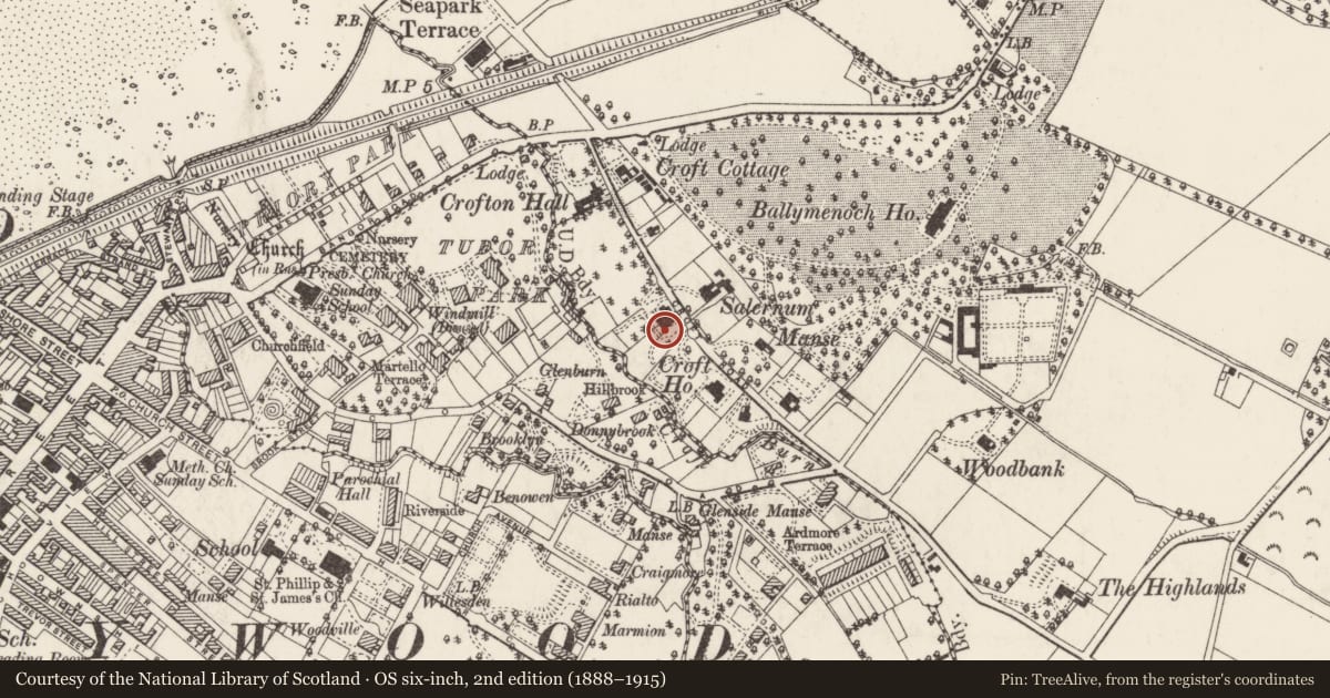 Ordnance Survey six-inch map, 2nd edition (1888–1915) covering the location of Hillcroft and Woodburn House, Ards and North Down, with a pin at the register's coordinates