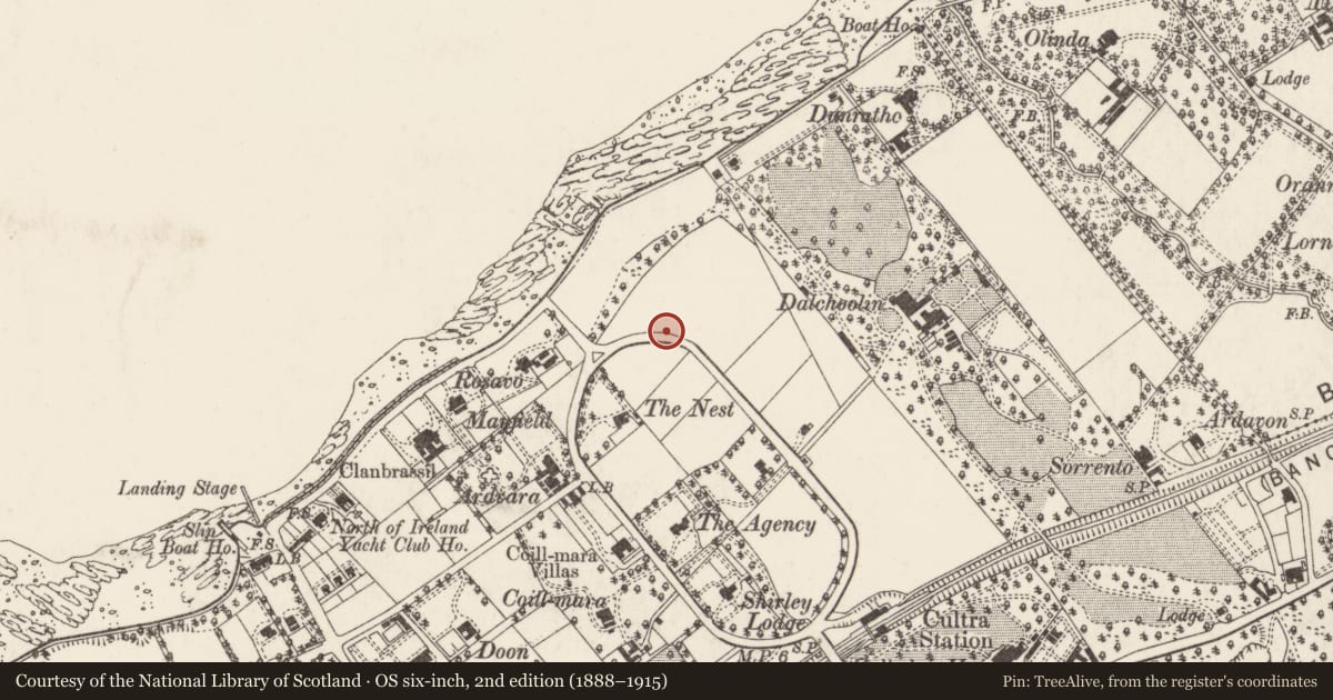 Ordnance Survey six-inch map, 2nd edition (1888–1915) covering the location of Seamount, Ballycultra, Ards and North Down, with a pin at the register's coordinates