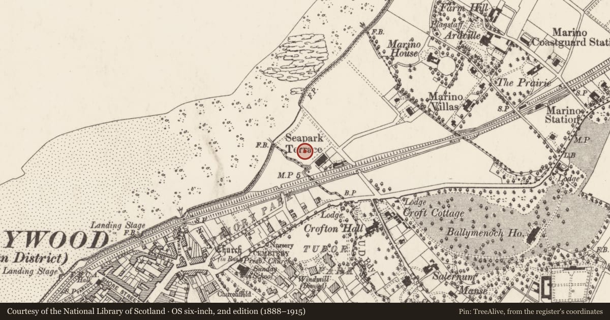 Ordnance Survey six-inch map, 2nd edition (1888–1915) covering the location of Pump outside 8 Seapark Avenue, Holywood, Ards and North Down, with a pin at the register's coordinates