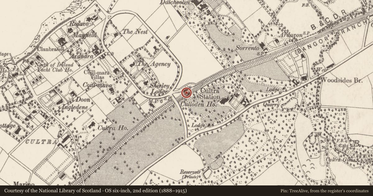 Ordnance Survey six-inch map, 2nd edition (1888–1915) covering the location of Cultra Station House, Ballygrainey, Ards and North Down, with a pin at the register's coordinates
