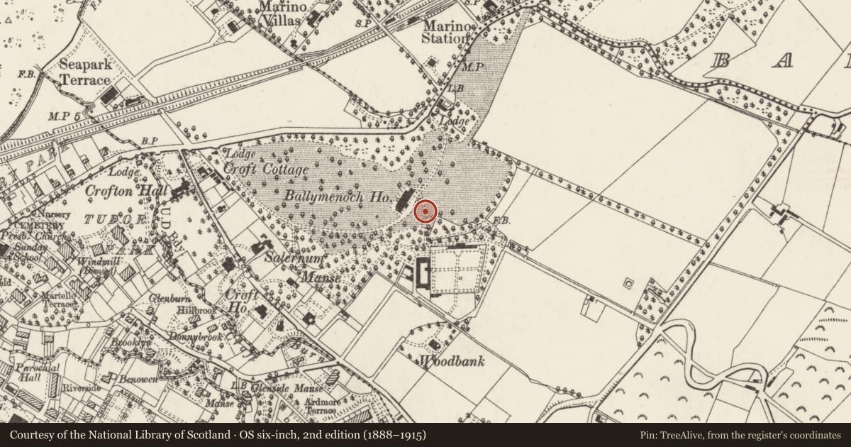 Ordnance Survey six-inch map, 2nd edition (1888–1915) covering the location of Sir Samuel Kelly Memorial Eventide Home, Ballymenagh, Ards and North Down, with a pin at the register's coordinates