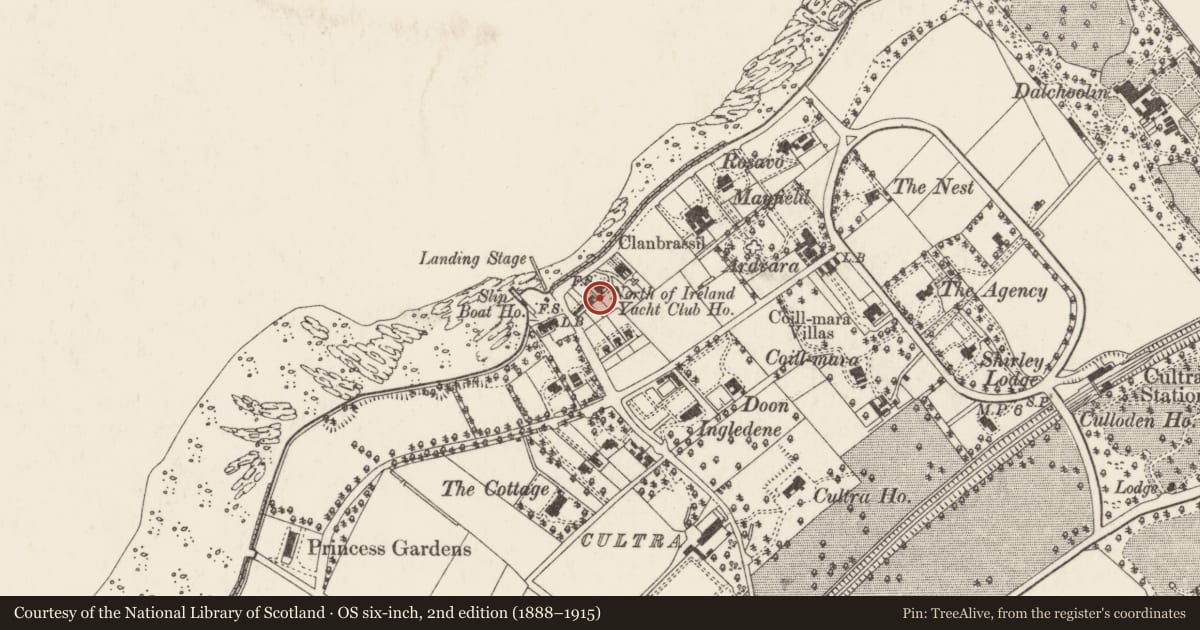 Ordnance Survey six-inch map, 2nd edition (1888–1915) covering the location of Royal North of Ireland Yacht Club, Ballycultra, Ards and North Down, with a pin at the register's coordinates