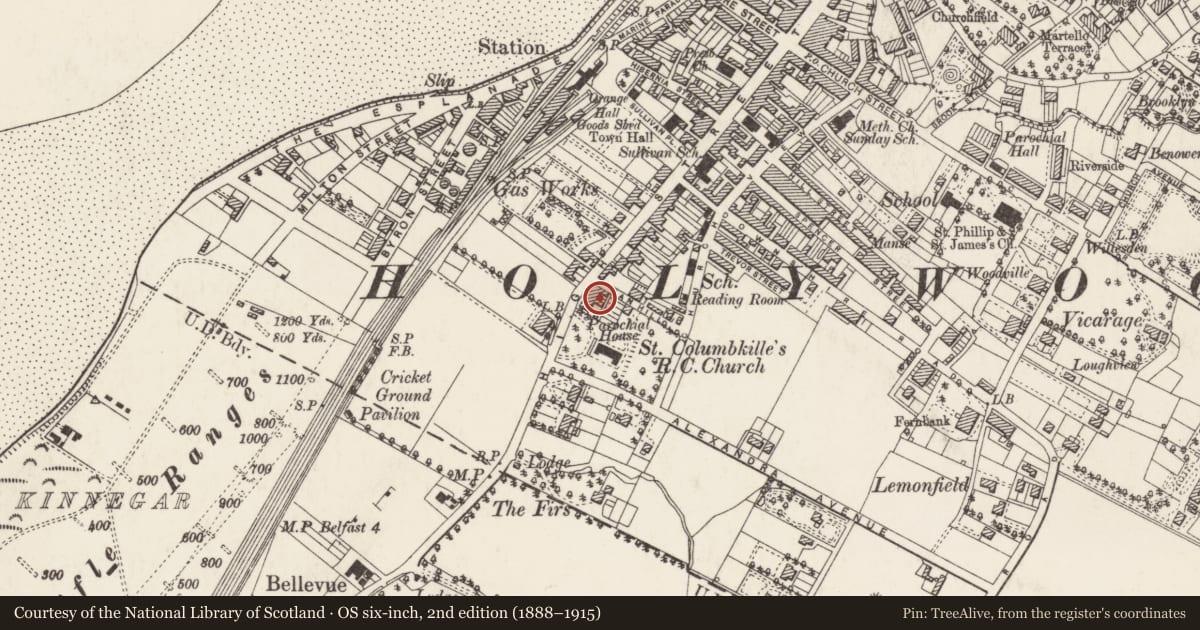 Ordnance Survey six-inch map, 2nd edition (1888–1915) covering the location of 140 High Street, Holywood, Ards and North Down, with a pin at the register's coordinates