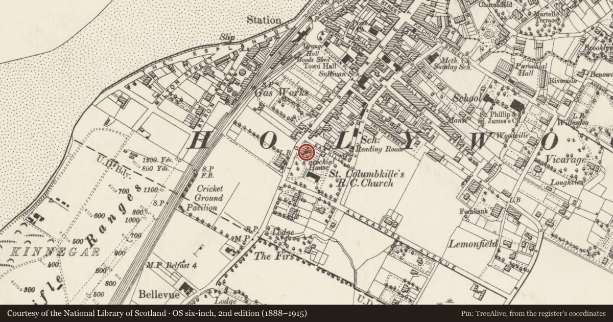 Ordnance Survey six-inch map, 2nd edition (1888–1915) covering the location of 144 High Street, Holywood, Ards and North Down, with a pin at the register's coordinates