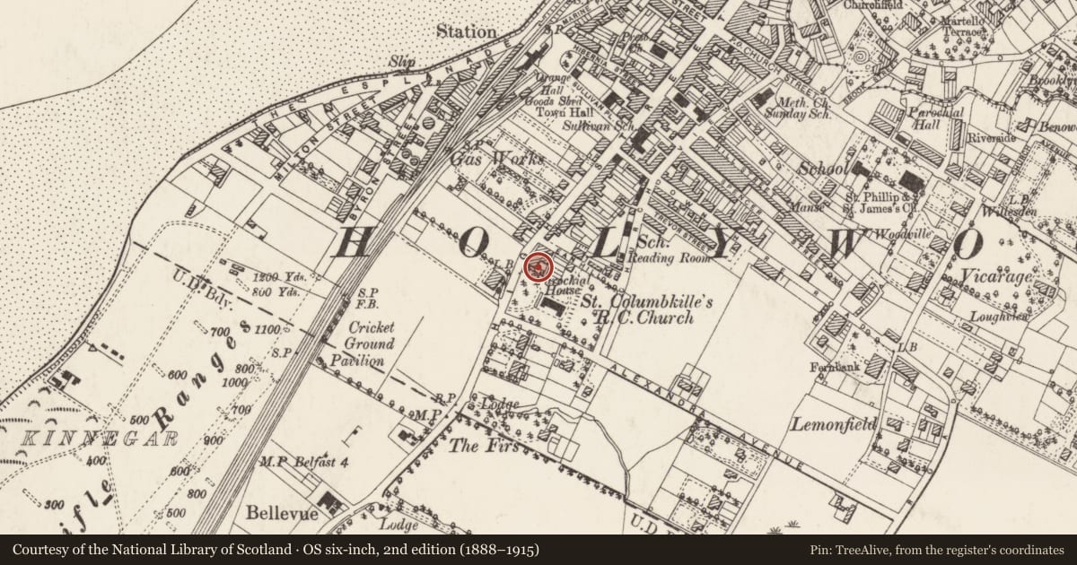 Ordnance Survey six-inch map, 2nd edition (1888–1915) covering the location of 146 High Street, Holywood, Ards and North Down, with a pin at the register's coordinates