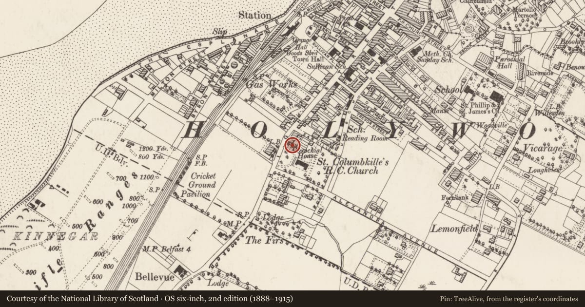 Ordnance Survey six-inch map, 2nd edition (1888–1915) covering the location of 148 High Street, Holywood, Ards and North Down, with a pin at the register's coordinates