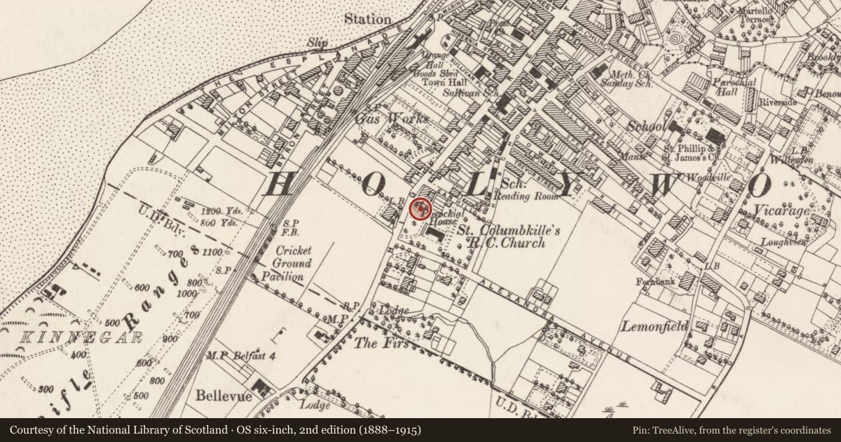 Ordnance Survey six-inch map, 2nd edition (1888–1915) covering the location of 150 High Street, Holywood, Ards and North Down, with a pin at the register's coordinates