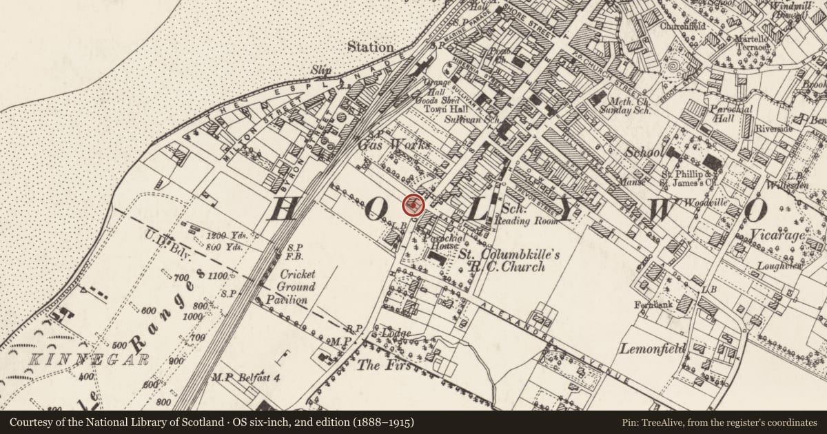 Ordnance Survey six-inch map, 2nd edition (1888–1915) covering the location of 157-159 Main Street, Ards and North Down, with a pin at the register's coordinates