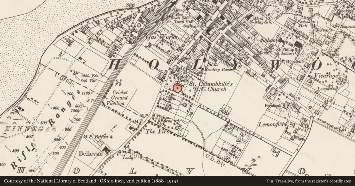 Ordnance Survey six-inch map, 2nd edition (1888–1915) covering the location of St Colmcille's Tower & Spire, Holywood, Ards and North Down, with a pin at the register's coordinates