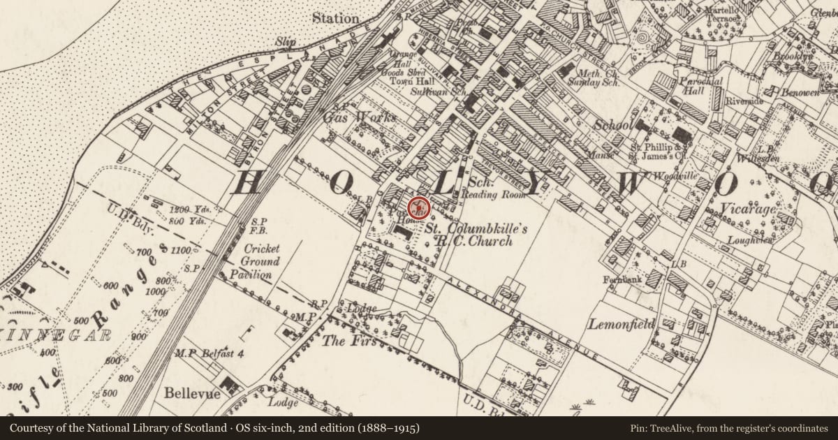 Ordnance Survey six-inch map, 2nd edition (1888–1915) covering the location of 1 Ean Hill, Ards and North Down, with a pin at the register's coordinates